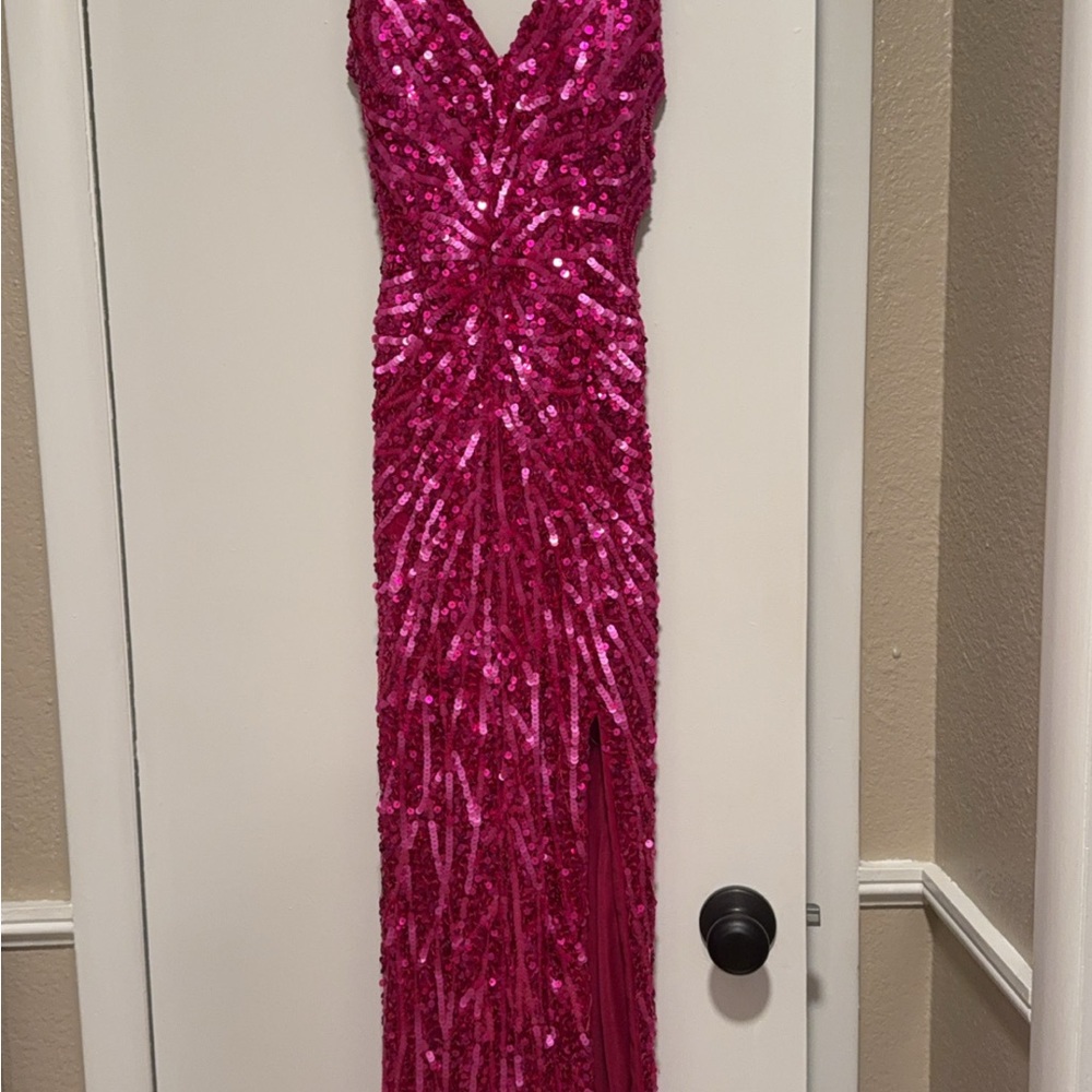 Riviera Pink Sequin Halter Prom Dress - Picture 14 of 15